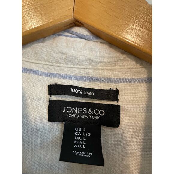 Jones & Co blue striped linen button up shirt collared roll tab sleeves Size L - Picture 5 of 7